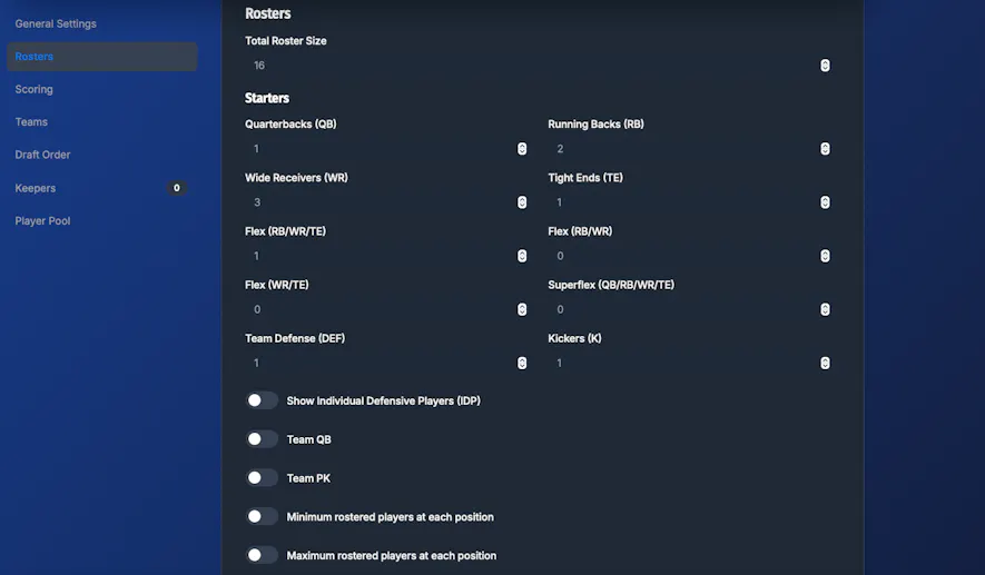 Draft Dominator Lineup settings